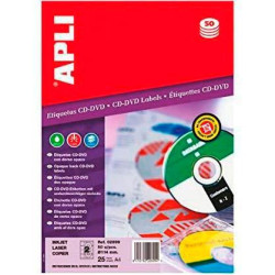 (02899) APLI ETIQUETAS ADHESIVAS PARA CD-DVD TAMAÑO CLÁSICO INKJET/LÁSER 2 X 25H DORSO OPACO