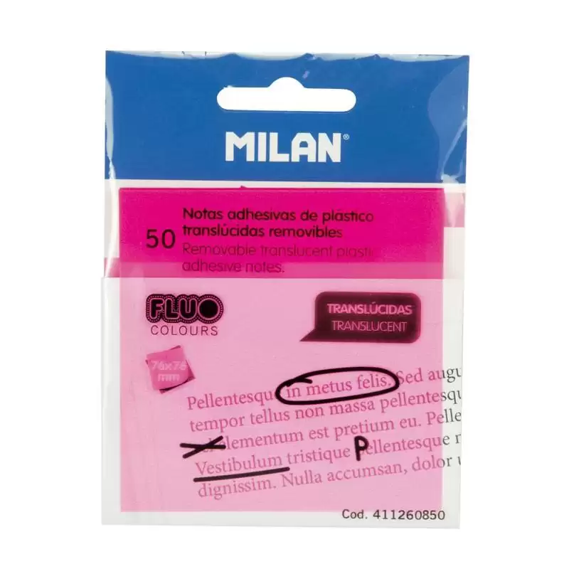 (411260850) MILAN BLOC NOTAS ADHESIVAS REMOVIBLES 50H 76X76 PLÁSTICO TRANSLÚCIDAS ROSA FLUORESCENTE