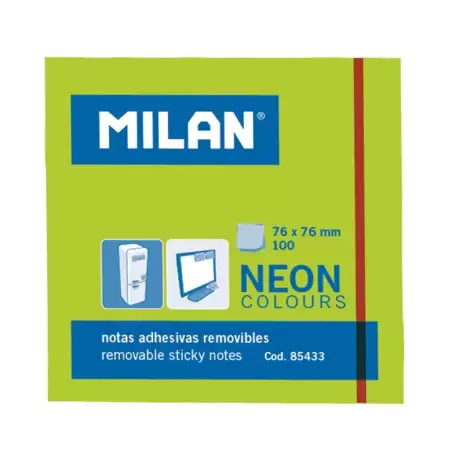 (85433) MILAN BLOC NOTAS ADHESIVAS REMOVIBLES 100H 76X76 VERDE FLUORESCENTE