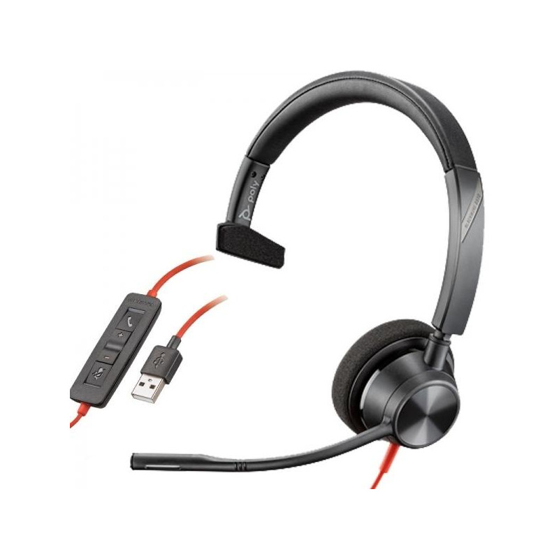 (8X216AA) HP POLY AURICULARES BLACKWIRE C3310 DIADEMA MONOAURAL C/ MICRÓFONO CONTROL DE VOLUMEN CABLE USB NEGRO