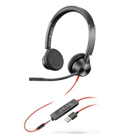 (8X221AA) HP POLY AURICULARES BLACKWIRE 3325 DIADEMA BINAURAL C/ MICRÓFONO CONTROL DE VOLUMEN CABLE USB- C/A +JACK 3