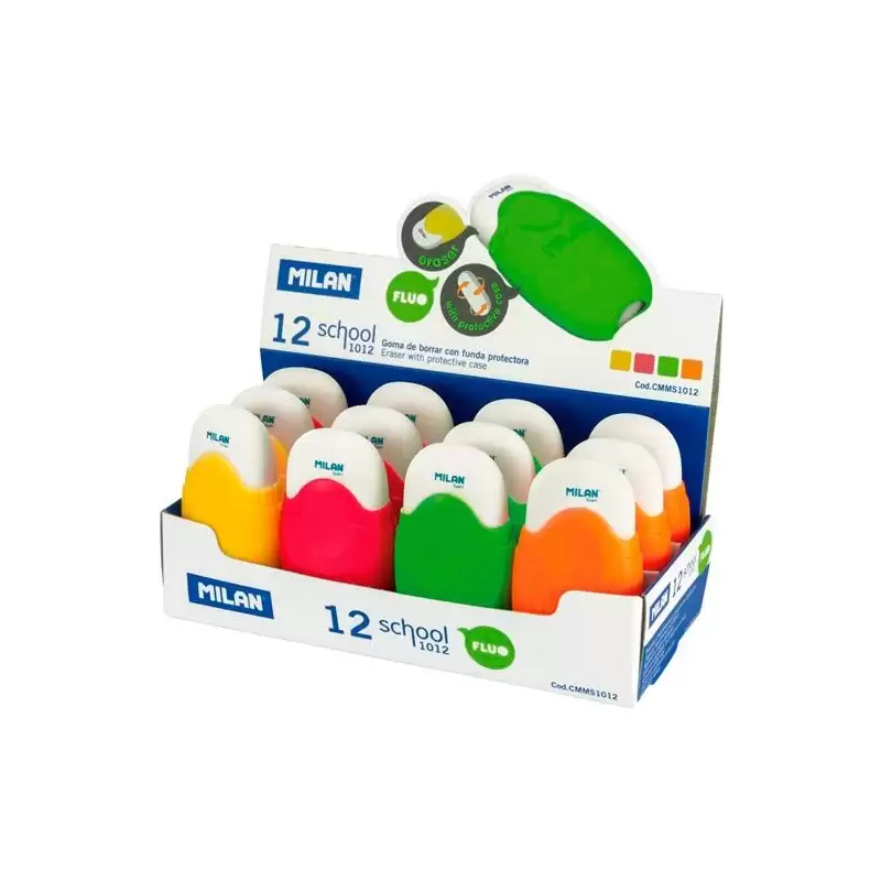(CMMS1012) MILAN GOMA CON FUNDA PROTECTORA SCHOOL ACID CAJA EXPOSITORA 12 C/SURTIDOS