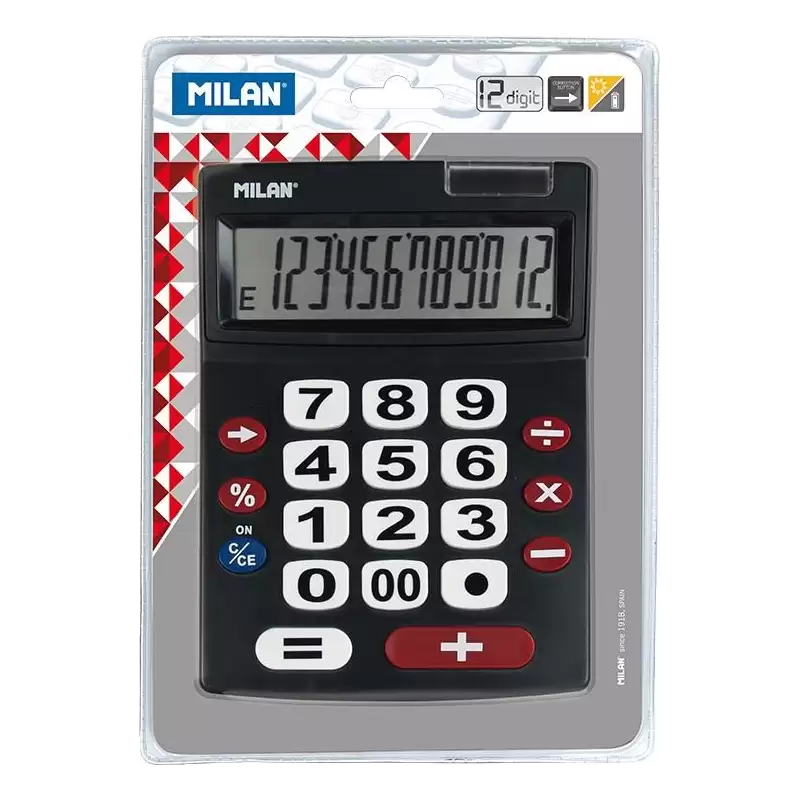 (151712BL) MILAN CALCULADORA NEGRO EXTRA-GRANDE 12 DIGITOS DUAL BLISTER