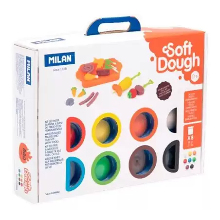 (913308BBQ) MILAN PASTA BLANDA SOFT DOUGH BOTE 59GR COLORES SURTIDOS MALETÍN 8 UD + HERRAMIENTAS BARBACOA