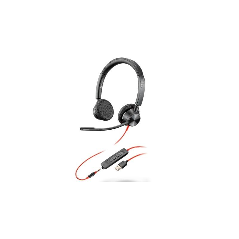 (8X221AA) HP POLY AURICULARES BLACKWIRE 3325 DIADEMA BINAURAL C/ MICRÓFONO CONTROL DE VOLUMEN CABLE USB- C/A +JACK 3
