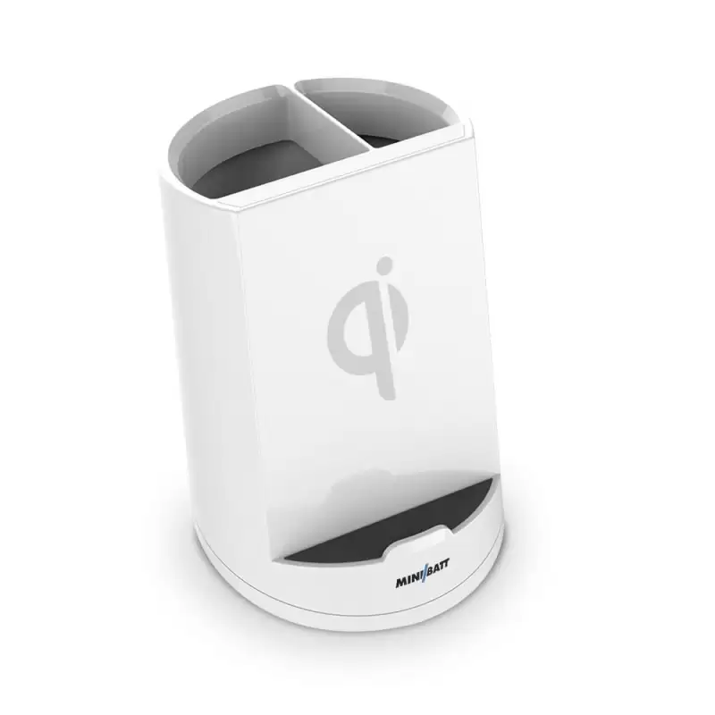 (MB-PWCUP) MNIBATT CARGADOR INALÁMBRICO QI DE SOBREMESA COLOR BLANCO - DISEÑO DE LAPICERO - DOS BOBINAS DE INDUCCIÓN DE 10W