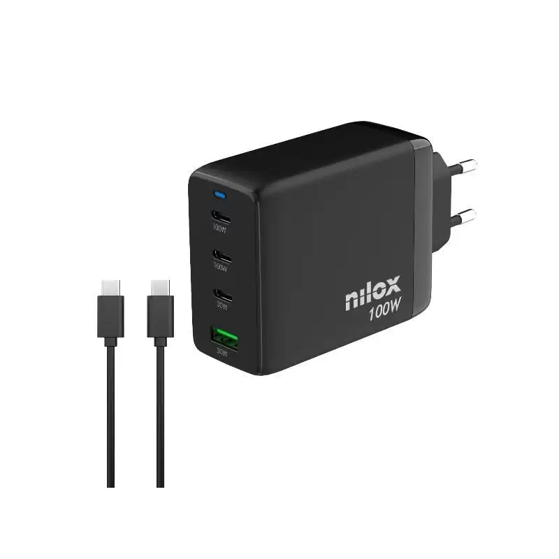 (NXGANUSBC100) NILOX CARGADOR UNIVERSAL GAN 100W 4 PUERTOS Y CABLE USB-C A ESB-C DE 2 METROS NEGRO