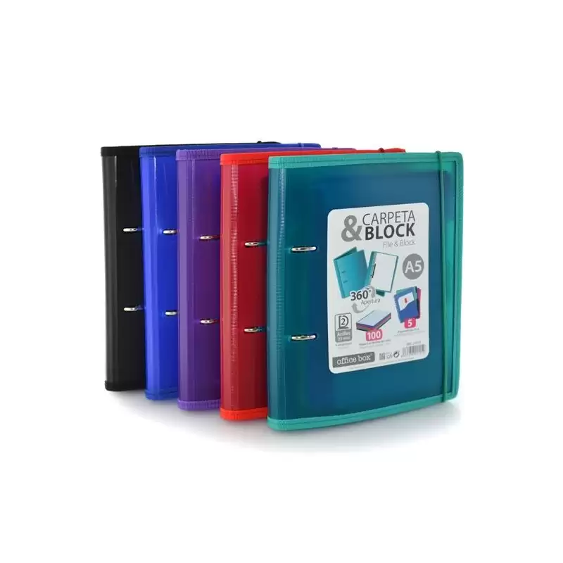 (21015) OFFICE BOX CARPETA & BLOCK SUPRA ANILLAS D 2X25MM A5 100H CIERRE C/GOMA TAPA PP COLORES SURTIDOS
