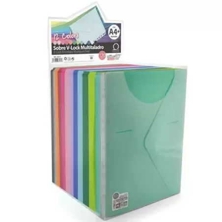 (35311) OFFICE BOX SOBRE BROCHE COLORLINE A4+/FOLIO MULTITALADRO CIERRE V-LOCK PP C/SURTIDOS EXPOSITOR 120 UD