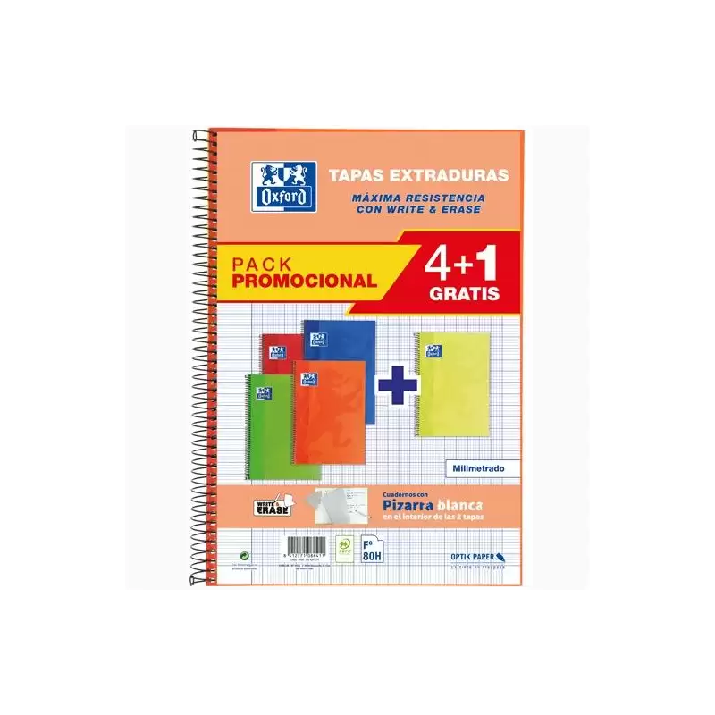 (100430276) OXFORD CUADERNO ESPIRAL WRITE&ERASE 80H FOLIO MILIMETRADO C/MARGEN T/EXTRADURA PACK 4+1 C/SURTIDOS VIVOS