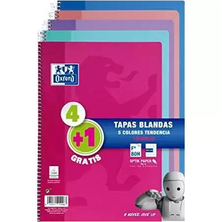 (400072719) OXFORD CUADERNO ESPIRAL 80H FOLIO 4X4M C/MARGEN TAPA BLANDA PACK 4+1 UD C/SURTIDOS TENDENCIA