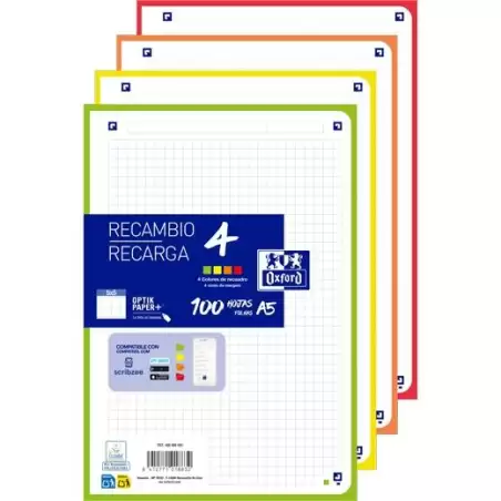(400088483) OXFORD RECAMBIO PAQUETE 100 HOJAS SUELTAS 6 TALADROS A5 5X5 4 COLORES VIVOS