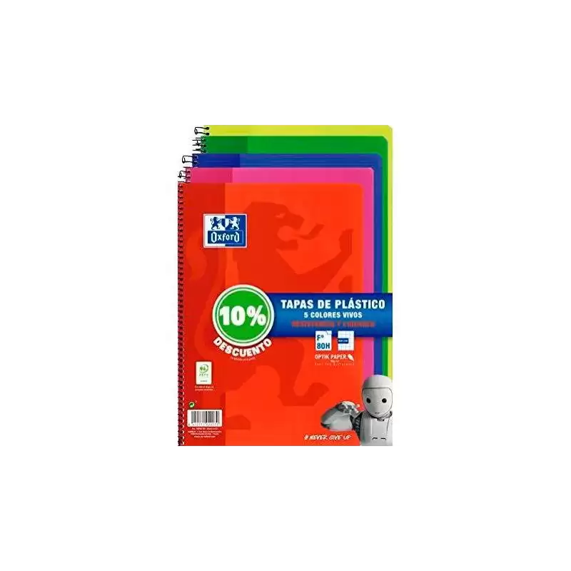 (400091365) OXFORD CUADERNO ESPIRAL 80H FOLIO 4X4MM C/MARGEN TAPA DE PLÁSTICO PACK 5 UD (10% DTO) C/SURTIDOS VIVOS