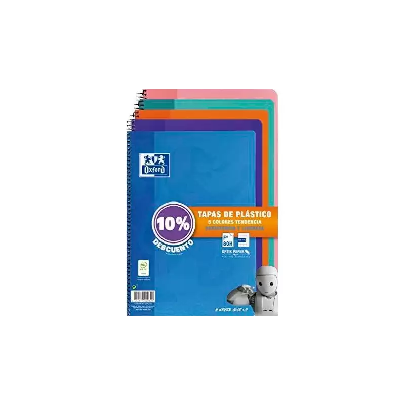 (400091366) OXFORD CUADERNO ESPIRAL 80H FOLIO 4X4MM C/MARGEN TAPA DE PLÁSTICO PACK 5 UD (10% DTO) C/SURTIDOS TENDENCIA