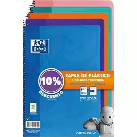 (400091366) OXFORD CUADERNO ESPIRAL 80H FOLIO 4X4MM C/MARGEN TAPA DE PLÁSTICO PACK 5 UD (10% DTO) C/SURTIDOS TENDENCIA
