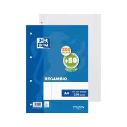 (400119437) OXFORD RECAMBIO 200H + 50H A4 SUELTAS 90GR 4X4MM C/MARGEN 4 TALADROS