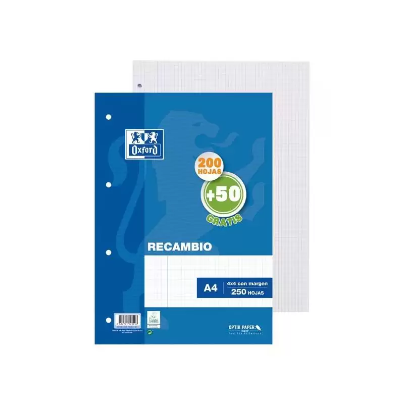 (400119437) OXFORD RECAMBIO 200H + 50H A4 SUELTAS 90GR 4X4MM C/MARGEN 4 TALADROS
