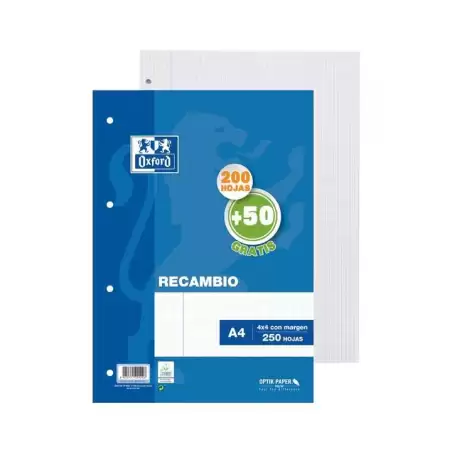 (400119437) OXFORD RECAMBIO 200H + 50H A4 SUELTAS 90GR 4X4MM C/MARGEN 4 TALADROS