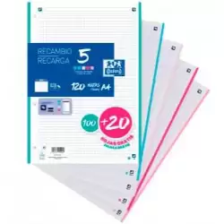 (400146851) OXFORD RECAMBIO CLASSIC 100H + 20H GRATIS A4 SUELTAS 90GR 5X5MM 4 TALADROS 5 BANDAS COLORES PASTEL