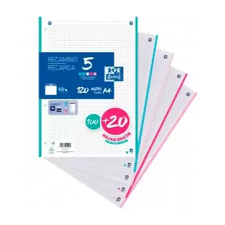 (400146851) OXFORD RECAMBIO CLASSIC 100H + 20H GRATIS A4 SUELTAS 90GR 5X5MM 4 TALADROS 5 BANDAS COLORES PASTEL