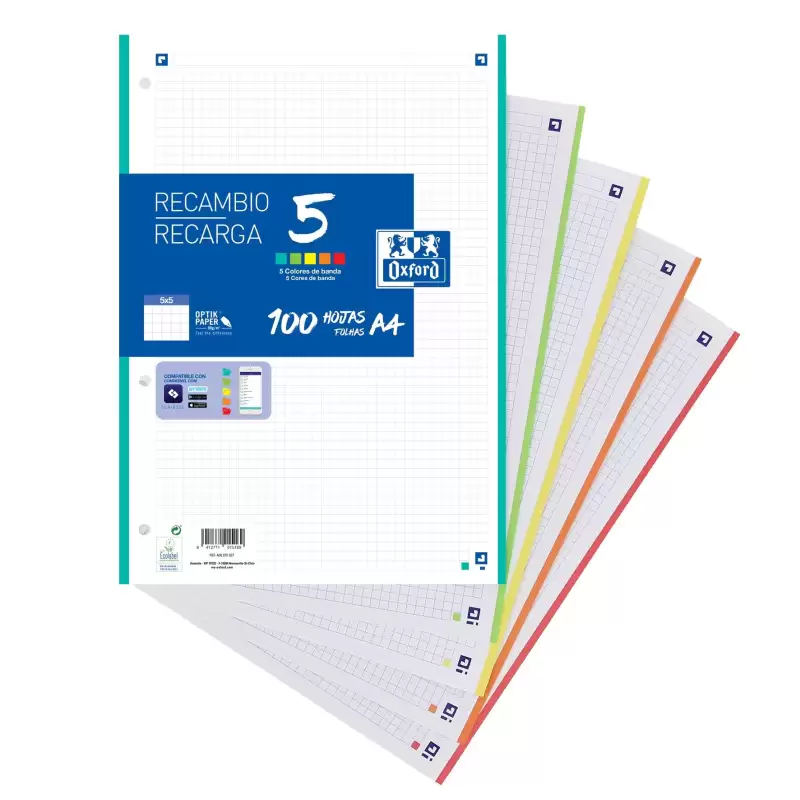 (400148310) OXFORD RECAMBIO CLASSIC 100H + 20H GRATIS A4 SUELTAS 90GR 5X5MM 4 TALADROS 5 BANDAS COLORES VIVOS