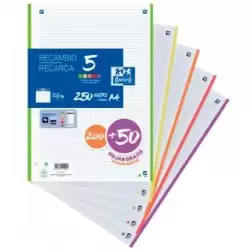 (400150903) OXFORD RECAMBIO 200 + 50 HOJAS GRATIS A4 MICROPERFORADAS 4 CUADRÍCULA 5X5MM 90GR 5 BANDAS COLORES VIVOS