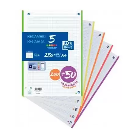 (400150903) OXFORD RECAMBIO 200 + 50 HOJAS GRATIS A4 MICROPERFORADAS 4 CUADRÍCULA 5X5MM 90GR 5 BANDAS COLORES VIVOS