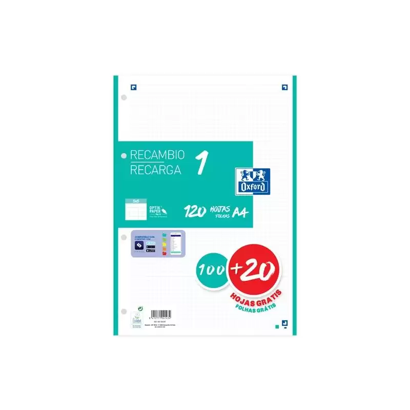 (400158057) OXFORD RECAMBIO CLASSIC 120 HOJAS A4 SUELTAS 90GR 5X5MM 4 TALADROS 1 BANDA COLOR ICE MINT