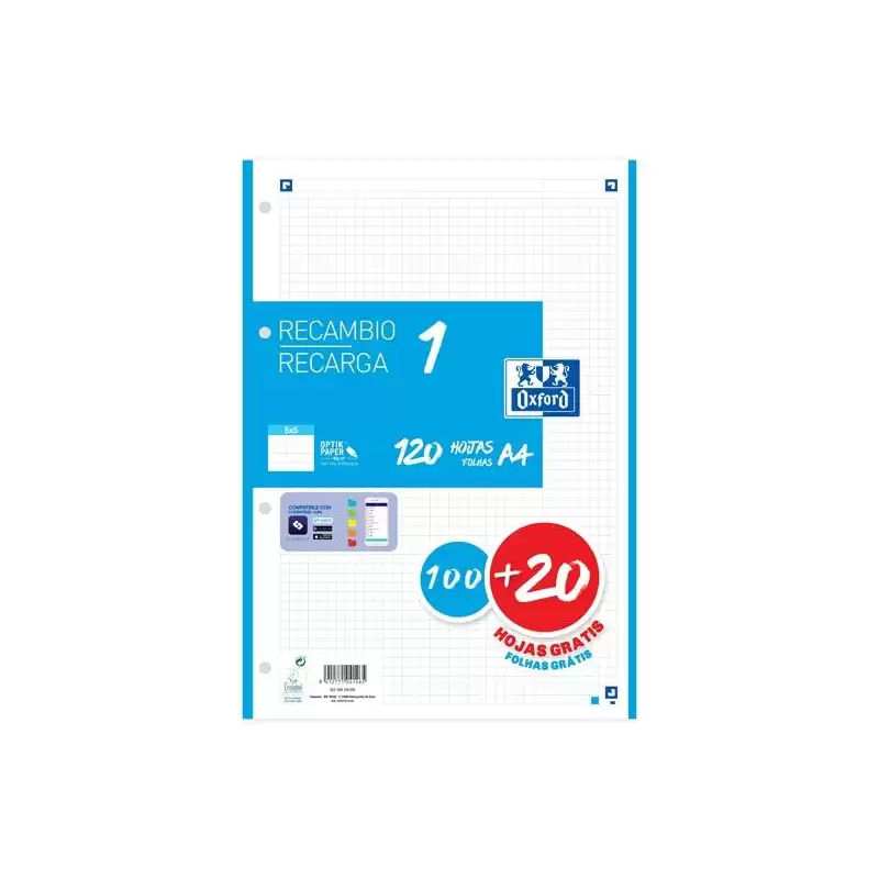 (400158058) OXFORD RECAMBIO CLASSIC 120 HOJAS A4 SUELTAS 90GR 5X5MM 4 TALADROS 1 BANDA COLOR AZUL TURQUESA
