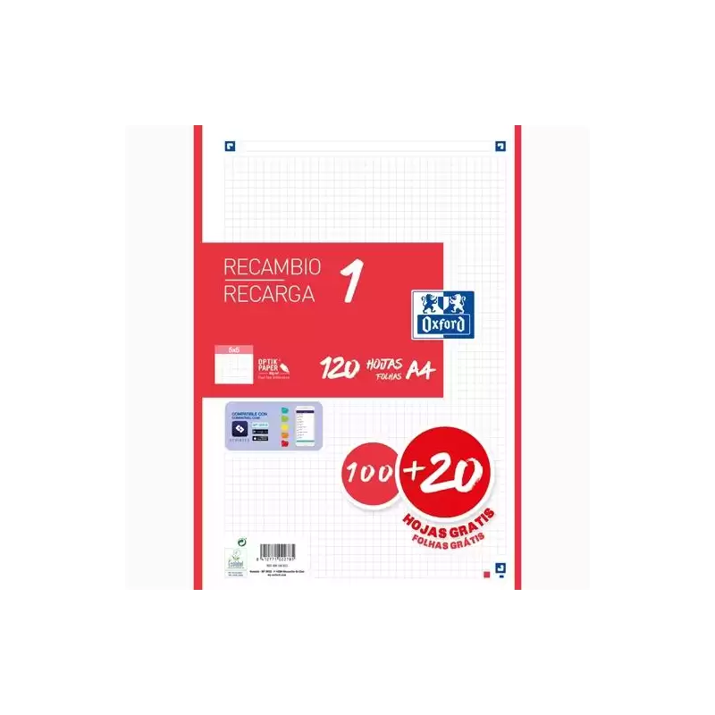 (400158162) OXFORD RECAMBIO CLASSIC 120 HOJAS A4 SUELTAS 90GR 5X5MM 4 TALADROS 1 BANDA COLOR ROJO