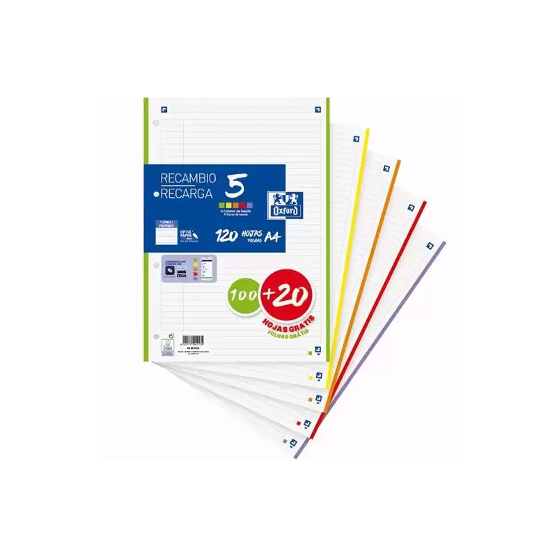 (400158519) OXFORD RECAMBIO 100H + 20H GRATIS A4 SUELTAS 90GR 1 LÍNEA 4 TALADROS 5 BANDAS COLORES VIVOS