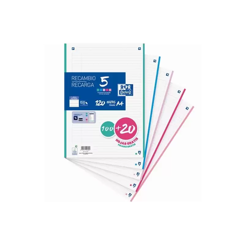 (400159876) OXFORD RECAMBIO CLASSIC 100H + 20H GRATIS A4 SUELTAS 90GR 1 LÍNEA 4 TALADROS 5 BANDAS COLORES PASTEL