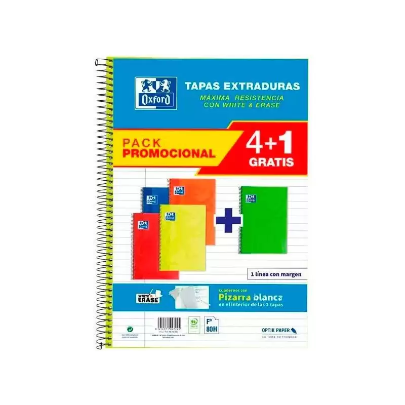 (400172032) OXFORD CUADERNO ESPIRAL CLASSIC WHITE&ERASE 80H FOLIO 1 LÍNEA T/EXTRADURA PACK 4+1 C/SURTIDOS