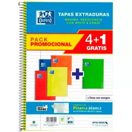 (400172032) OXFORD CUADERNO ESPIRAL CLASSIC WHITE&ERASE 80H FOLIO 1 LÍNEA T/EXTRADURA PACK 4+1 C/SURTIDOS