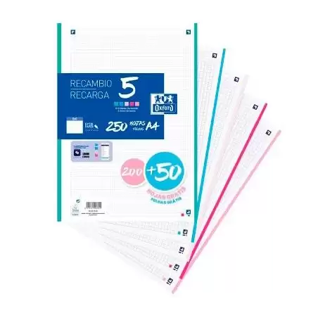 (400173020) OXFORD RECAMBIO CLASSIC 200+50H GRATIS A4 SUELTAS 90GR 5X5MM 4 TALADROS 5 BANDAS COLORES PASTEL