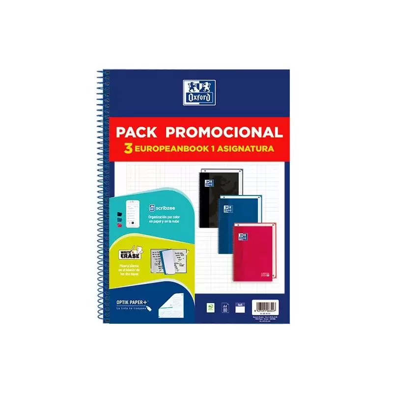 (400195024) OXFORD CUADERNO SCHOOL EUROPEANBOOK 1 CLASSIC WRITE&ERASE 80H A4 5X5 T/EXTRADURA C/SURTIDOS PACK PROMOCIONAL 3 UD