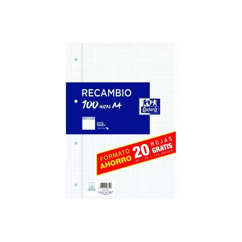 (400195058) OXFORD RECAMBIO CLASSIC 80H + 20H GRATIS A4 C/ MARGEN 90GR 4X4MM 4 TALADROS