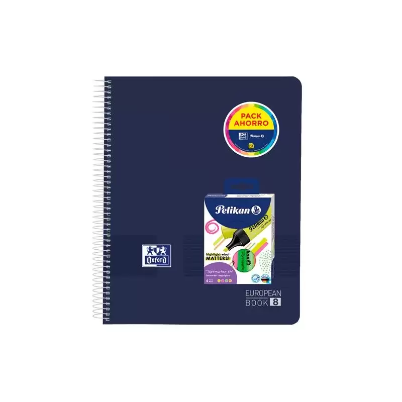 (400197318) OXFORD PACK CUADERNO EUROPEANBOOK 8 LIVE&GO A4+ 160H 5X5 TAPA PLÁSTICO + 4 RESALTADORES NEÓN SURTIDOS