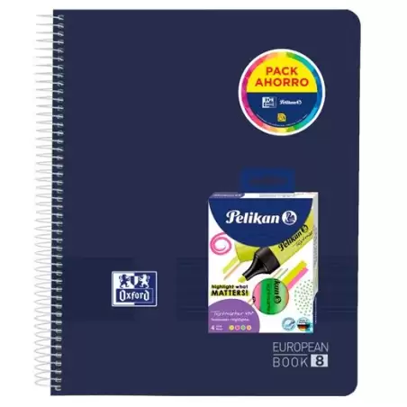 (400197318) OXFORD PACK CUADERNO EUROPEANBOOK 8 LIVE&GO A4+ 160H 5X5 TAPA PLÁSTICO + 4 RESALTADORES NEÓN SURTIDOS