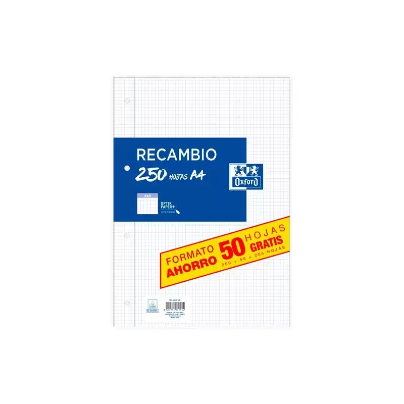 (400207629) OXFORD RECAMBIO PAQUETE A4 200H + 50H GRATIS 4X4 CON MARGEN