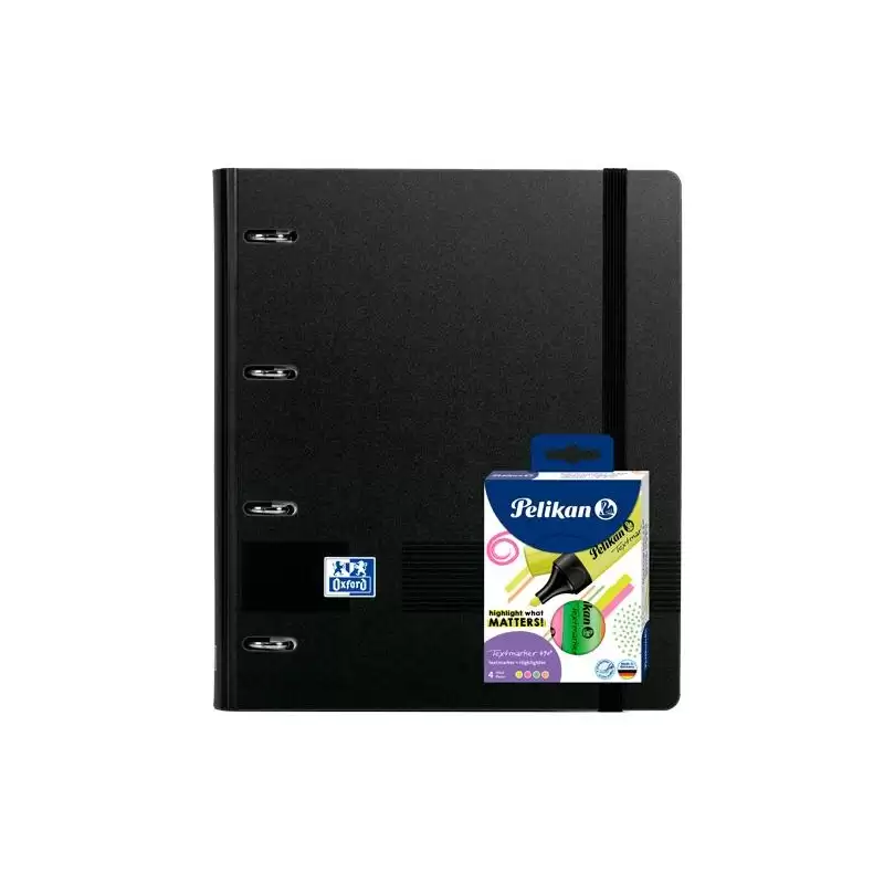 (400205943) OXFORD PACK EUROPEANBINDER LIVE&GO A4+ CON RECAMBIO 5X5 TAPA PLÁSTICO NEGRA + 4 RESALTADORES TEXTMARKER NEÓN SURT...