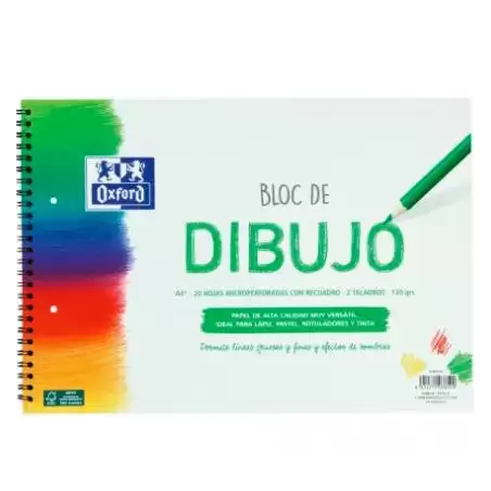 (400148236) OXFORD BLOC DIBUJO ESCOLAR MULTITALADRO 2 T/ BLANDA ESPIRAL 20H 130GR A4+ C/ RECUADRO LISO BLANCO