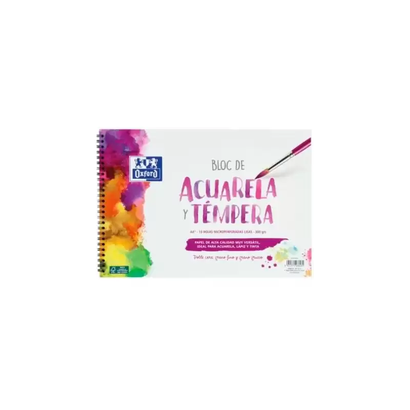 (400148238) OXFORD BLOC PINTURA ACUARELA Y TÉMPERA 10H 300GR ESPIRAL A4+ LISO BLANCO