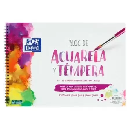 (400148238) OXFORD BLOC PINTURA ACUARELA Y TÉMPERA 10H 300GR ESPIRAL A4+ LISO BLANCO