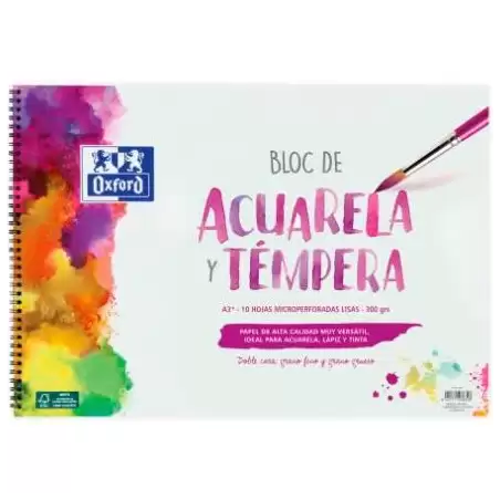 (400148239) OXFORD BLOC PINTURA ACUARELA Y TÉMPERA 10H 300GR ESPIRAL A3+ LISO BLANCO