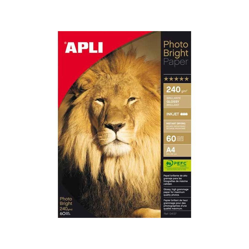 (04137) APLI PAPEL FOTOGRÁFICO PROFESIONAL PHOTO BRIGHT A4 240GR INKJET PAQUETE 60H BLANCO BRILLO