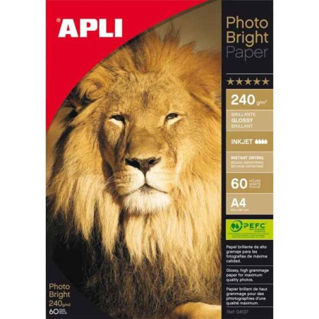 (04137) APLI PAPEL FOTOGRÁFICO PROFESIONAL PHOTO BRIGHT A4 240GR INKJET PAQUETE 60H BLANCO BRILLO