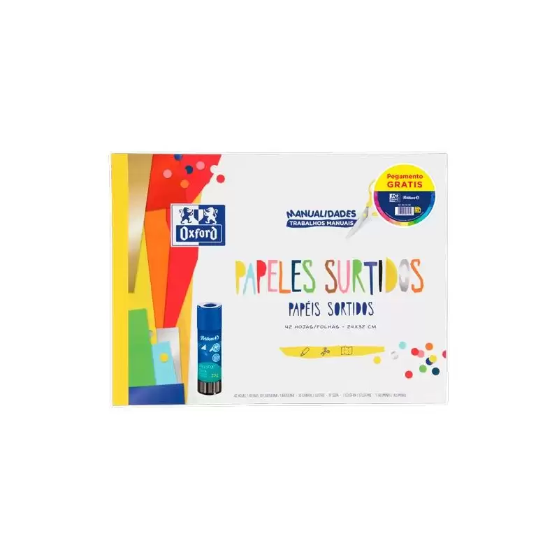 (400197385) OXFORD PACK BLOC PAPELES SURTIDOS MANUALIDADES + PEGAMENTO PELIFIX 20G