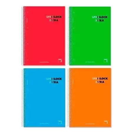 (16366) PACSA CUADERNO SUPERBLOCK EXTRA 120H A4 90GR 5X5 + GRECA MICROPERFORADO TAPA DURA PACK 4 UD C/SURTIDOS