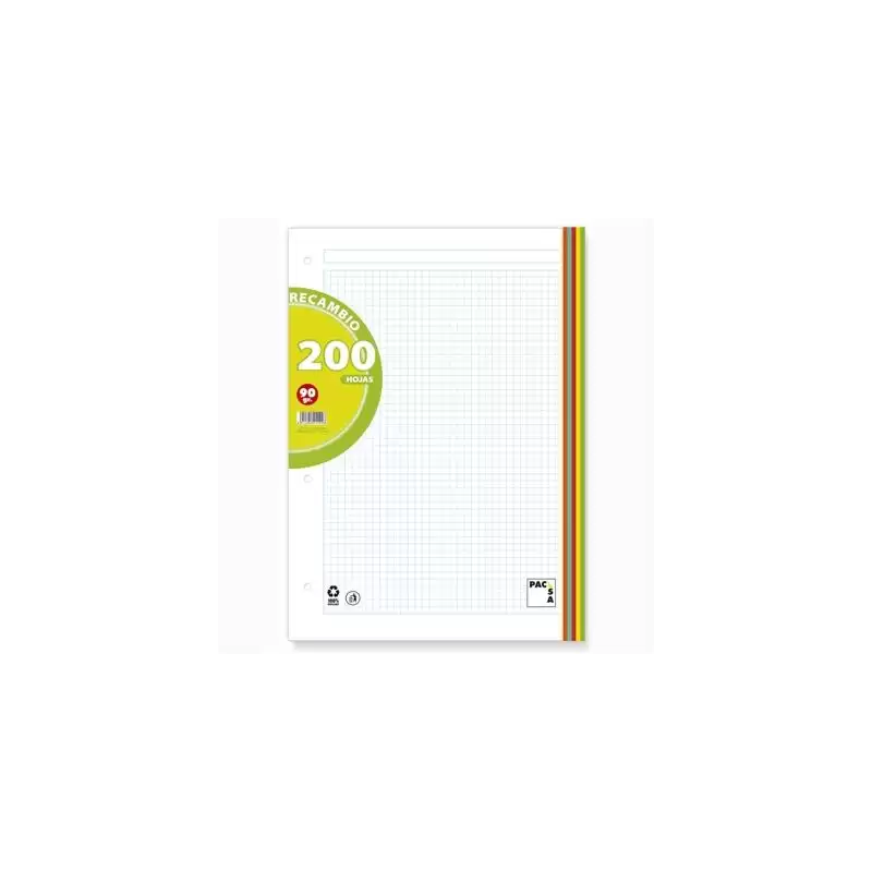 (21190) PACSA RECAMBIO 200H A4 90GR 5X5 + GRECA 4 TALADROS 5 BANDAS COLORES